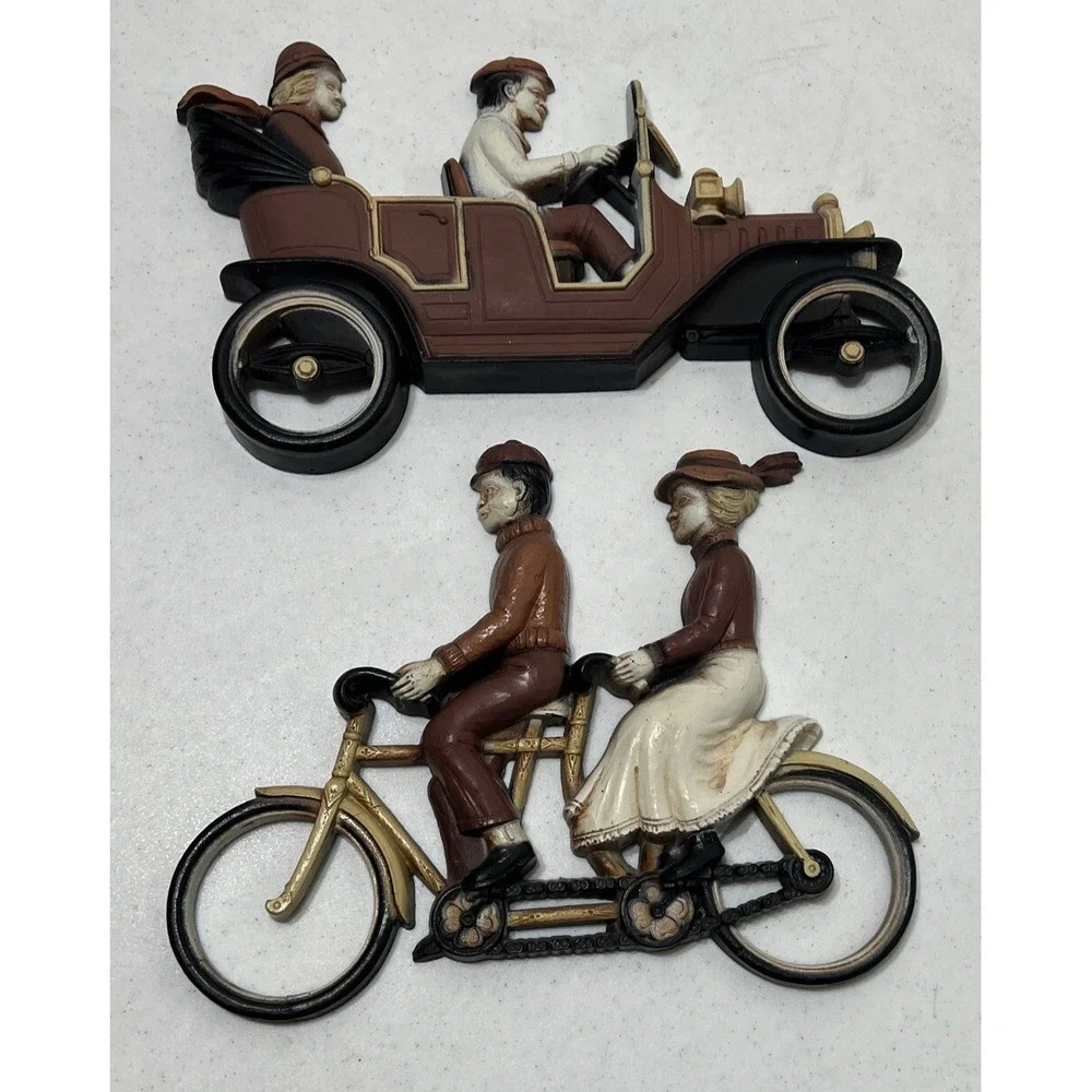 1975 Homco Wall‎ Hanging Plaques Plastic 7359 Automobile 7357 Tandem Bicycle